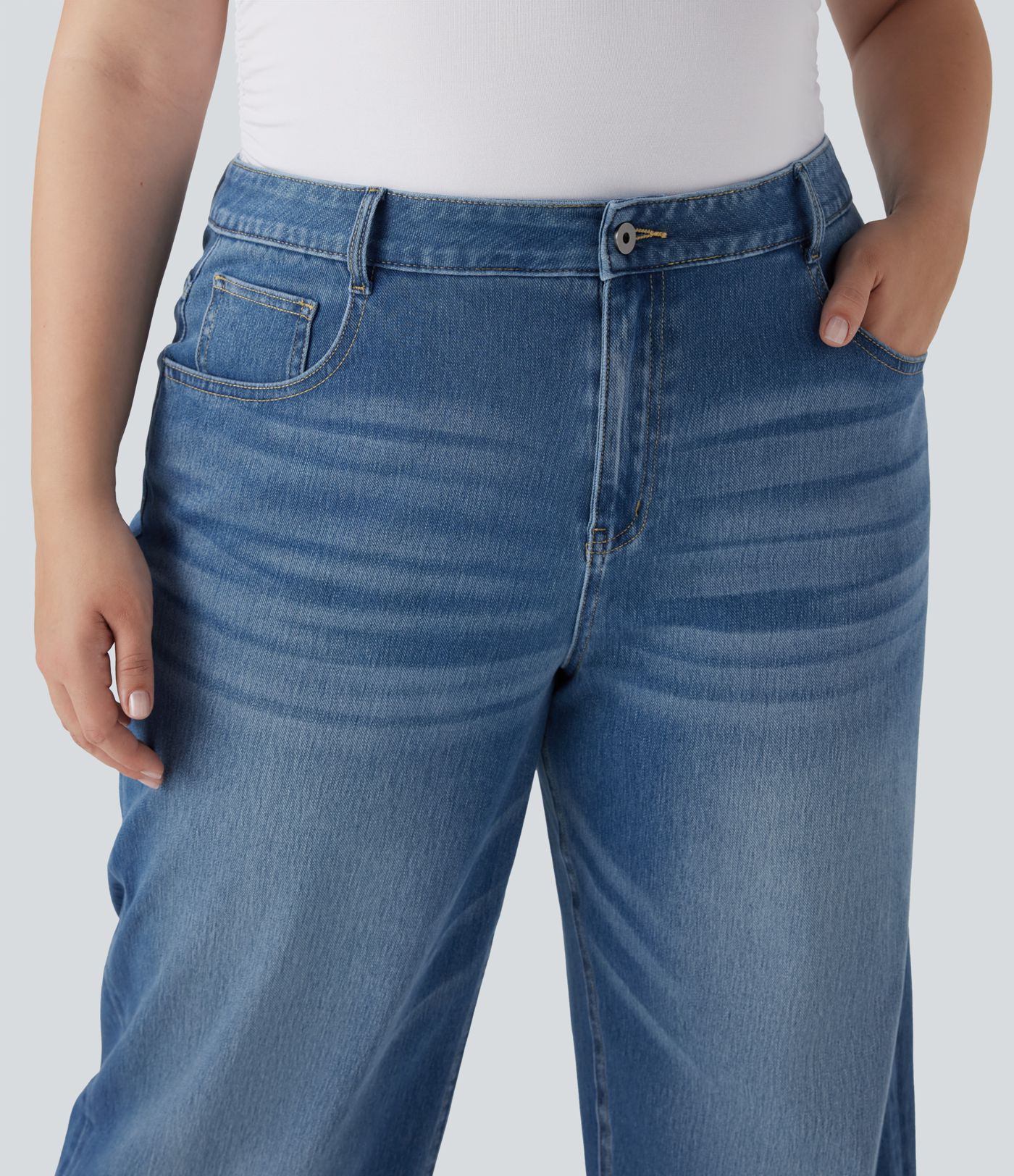Jeans Halara Flex™ Denim elástico talla grande lavado tiro alto pierna ancha dobladillo enrollado bolsillo