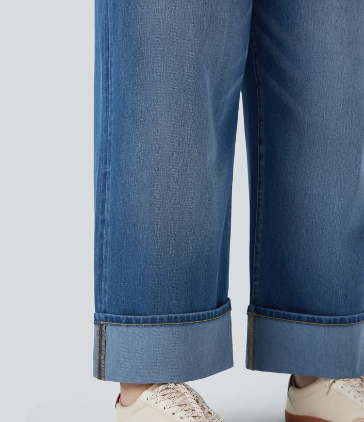 Plus Size Halara Flex™ High Waisted Wide Leg Rolled Hem Washed Stretchy Knit Casual Jeans with Pockets