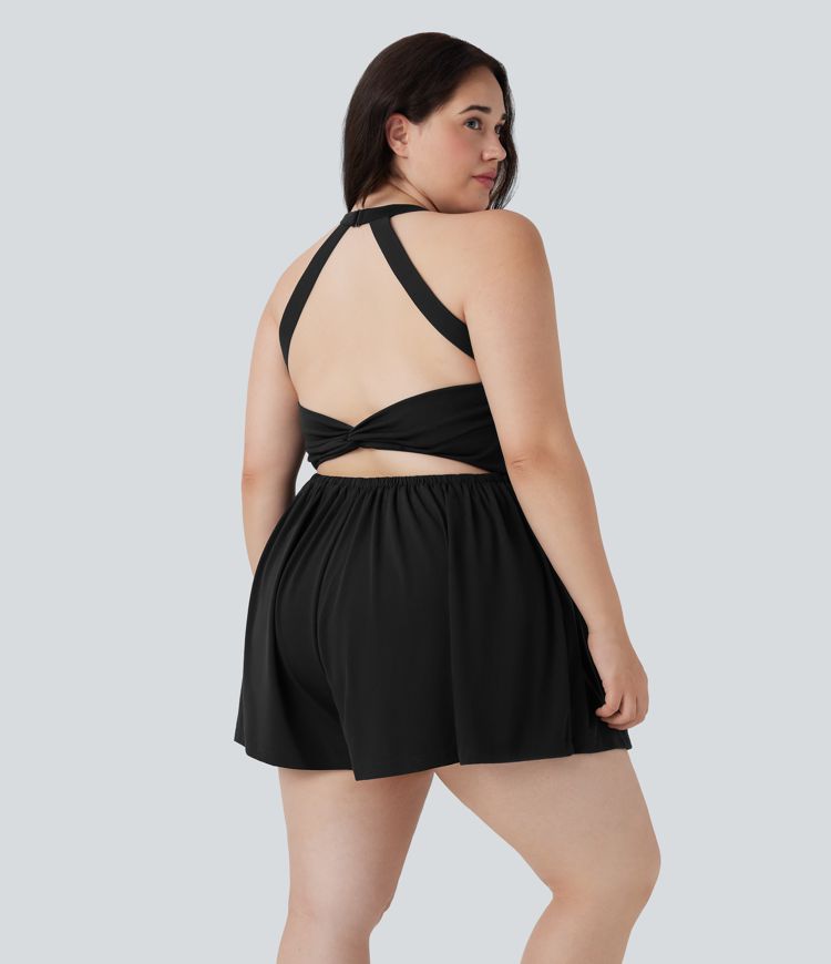 Backless Twisted 2-in-1 Resort Plus Size Romper with Pockets-Easy Peezy Edition