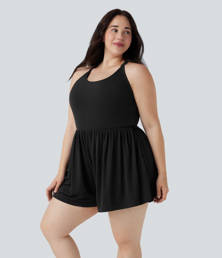 Backless Twisted 2-in-1 Resort Plus Size Romper with Pockets-Easy Peezy Edition