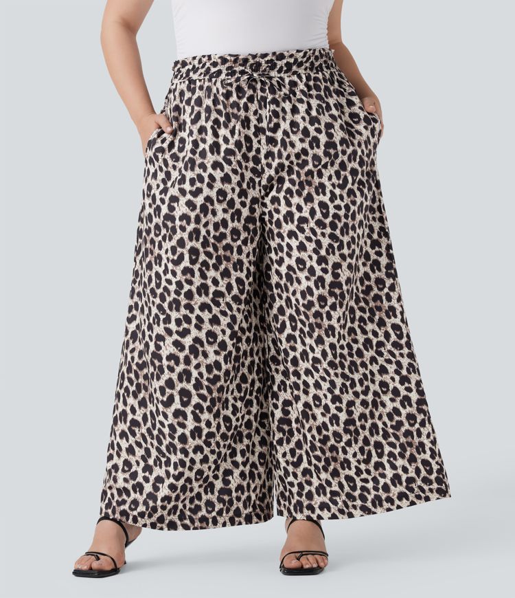 Plus Size High Waisted Drawstring Leopard Print Wide Leg Casual Pants with Pockets