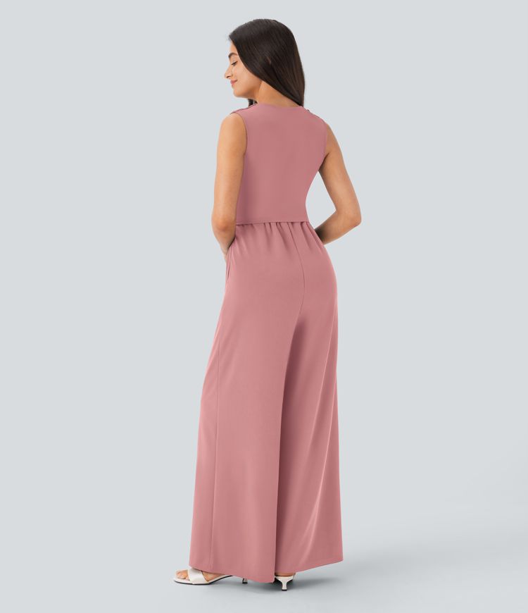 V Neck Sleeveless Ruched Side Pocket Invisible Zipper Party Jumpsuit-Easy Peezy