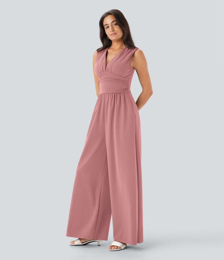V Neck Sleeveless Ruched Side Pocket Invisible Zipper Party Jumpsuit-Easy Peezy