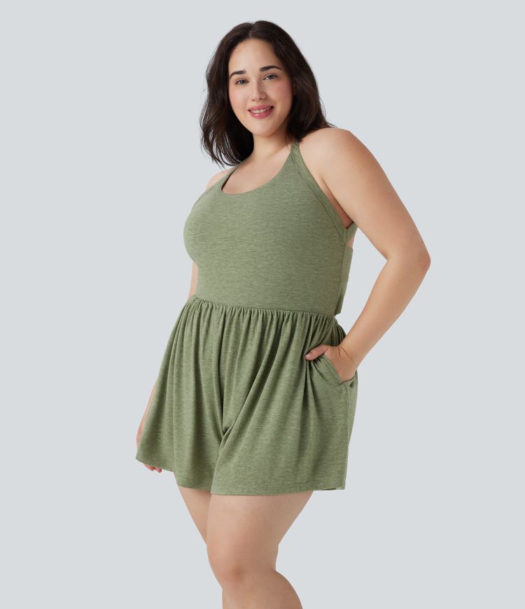 Backless Twisted 2-in-1 Resort Plus Size Romper with Pockets-Easy Peezy Edition