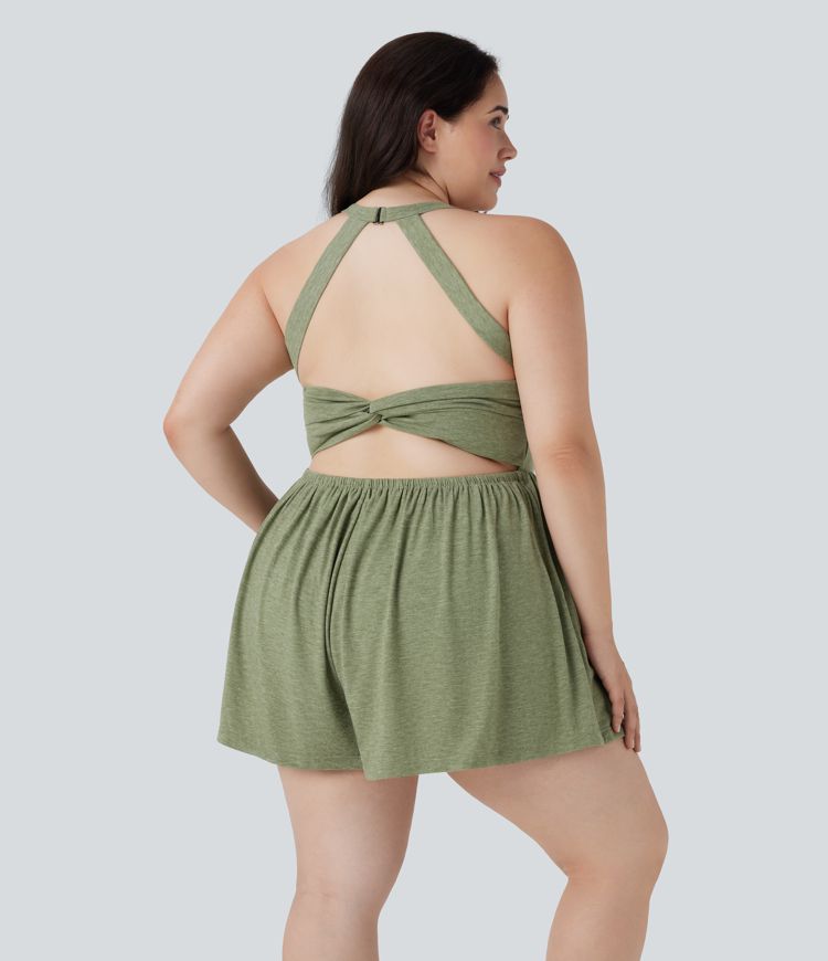 Backless Twisted 2-in-1 Resort Plus Size Romper with Pockets-Easy Peezy Edition