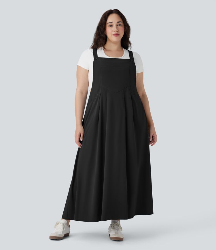 Breezeful™ Adjustable Strap Button Flowy Quick Dry Midi Casual Plus Size Pinafore Dress with Pockets