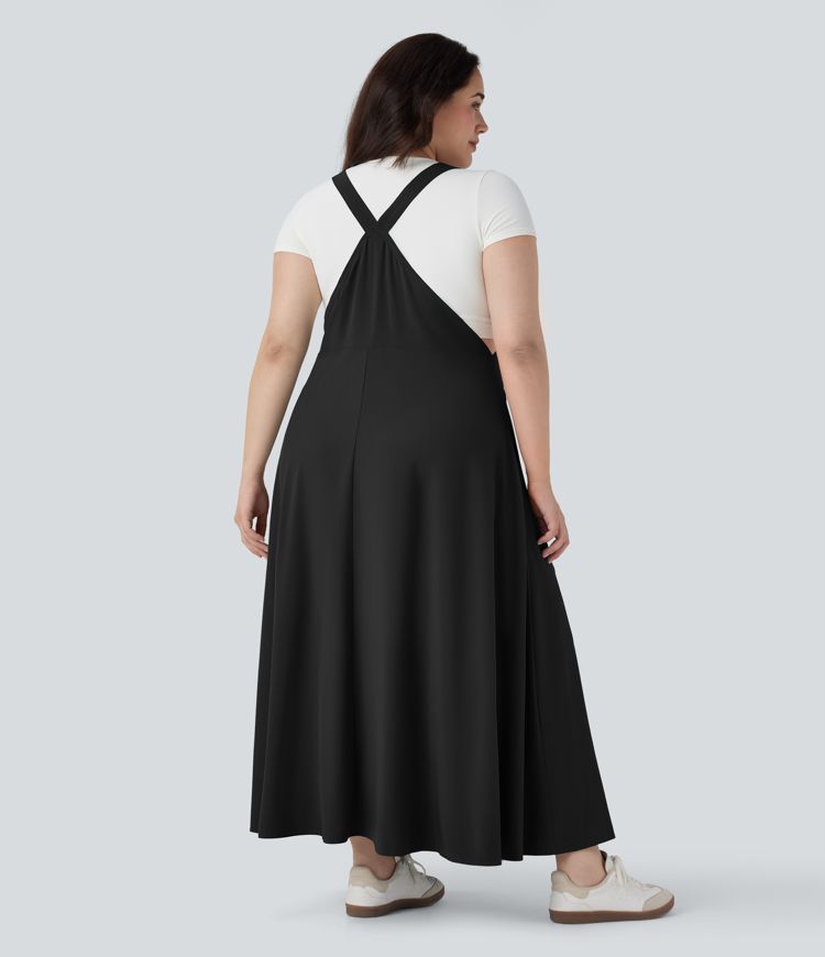 Breezeful™ Adjustable Strap Button Flowy Quick Dry Midi Casual Plus Size Pinafore Dress with Pockets