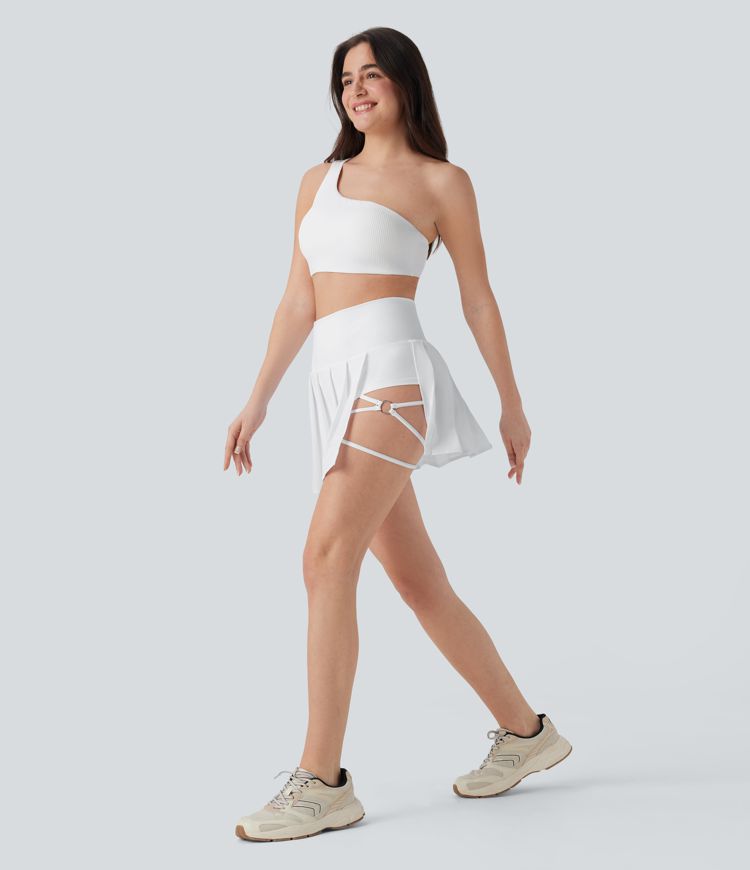 Breezeful™ High Waisted Pleated 2-in-1 Side & Pocket Asymmetric Hem Quick Dry Mini Dance Skirt