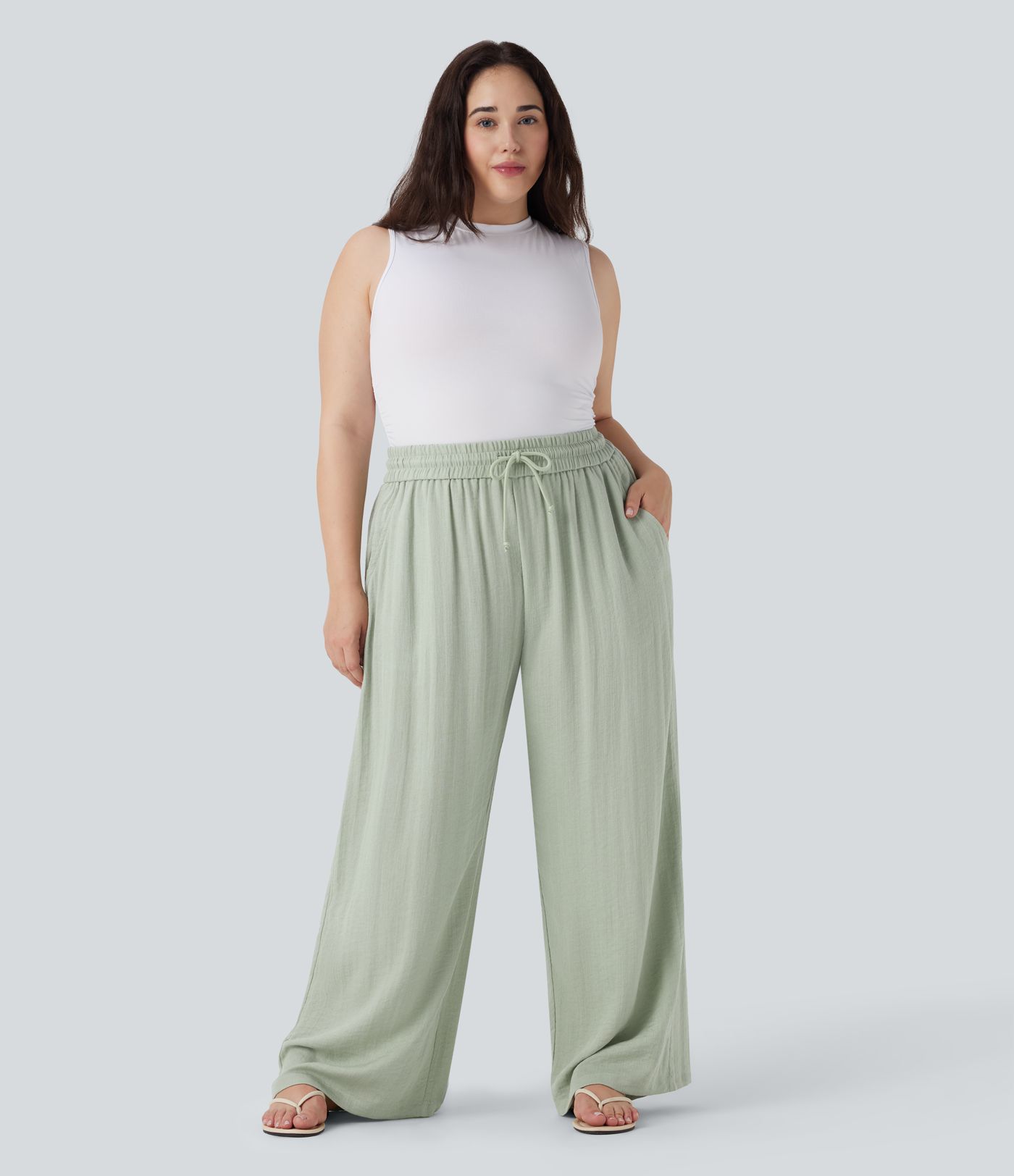 High Waisted Drawstring Linen-Feel Wide Leg Casual Plus Size Pants with Pockets