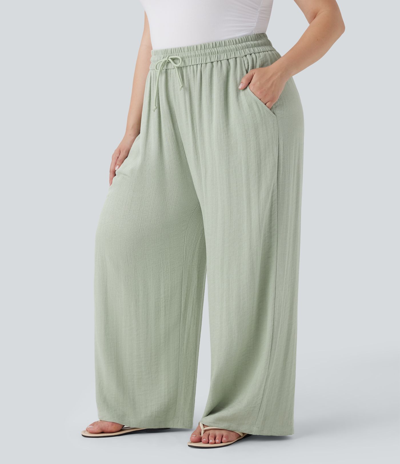 High Waisted Drawstring Linen-Feel Wide Leg Casual Plus Size Pants with Pockets