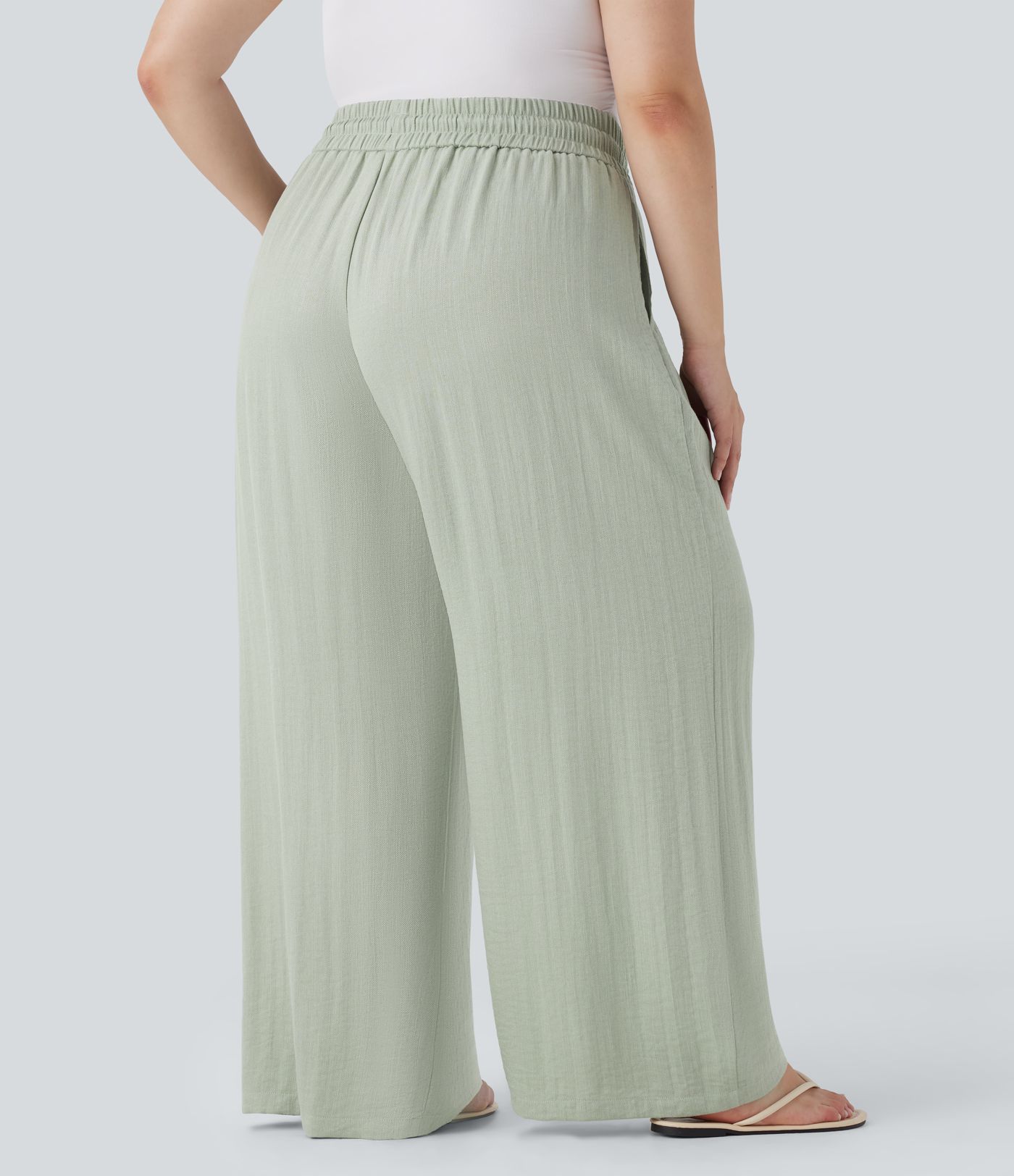 High Waisted Drawstring Linen-Feel Wide Leg Casual Plus Size Pants with Pockets