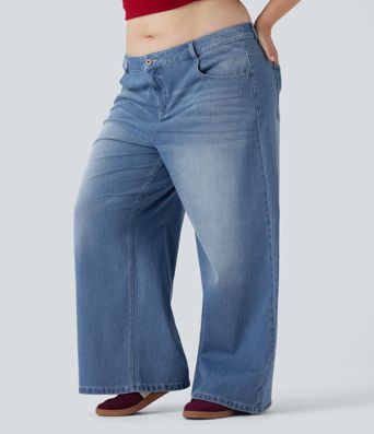 Plius dydžio Halara Flex™ žemi, plačių klešnių, išskalbti laisvalaikio džinsai su kišenėmis