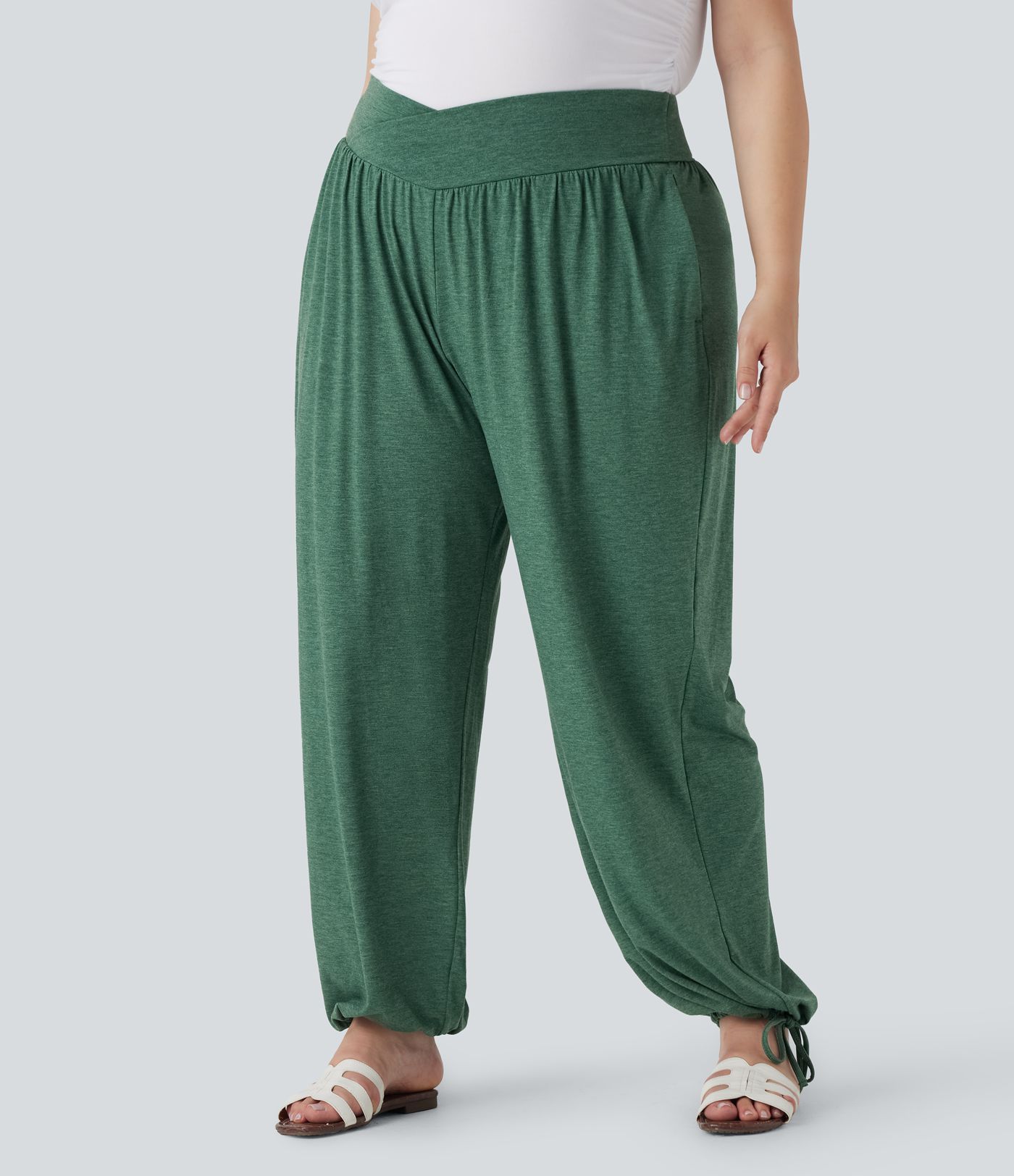 Joggers Décontractés à Taille Haute Croisée Grande Taille avec Poches et Cordon de Serrage