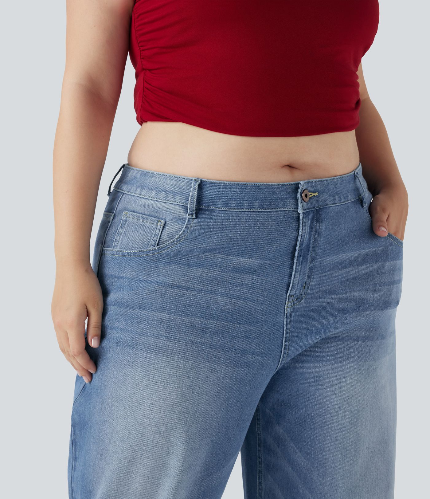 Plius dydžio Halara Flex™ žemi, plačių klešnių, išskalbti laisvalaikio džinsai su kišenėmis