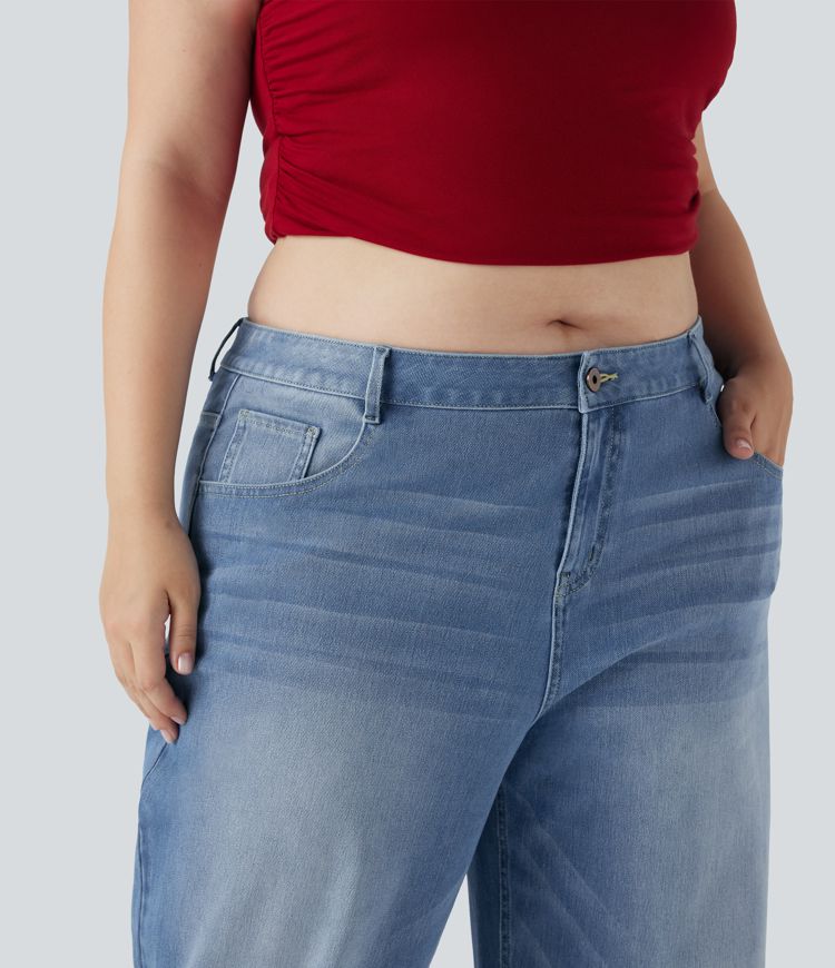 Plius dydžio Halara Flex™ žemi, plačių klešnių, išskalbti laisvalaikio džinsai su kišenėmis