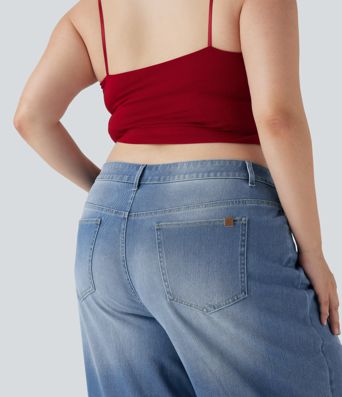 Plius dydžio Halara Flex™ žemi, plačių klešnių, išskalbti laisvalaikio džinsai su kišenėmis