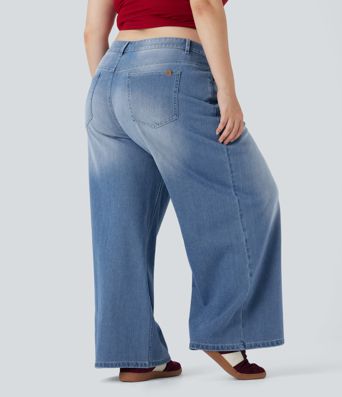 Plius dydžio Halara Flex™ žemi, plačių klešnių, išskalbti laisvalaikio džinsai su kišenėmis