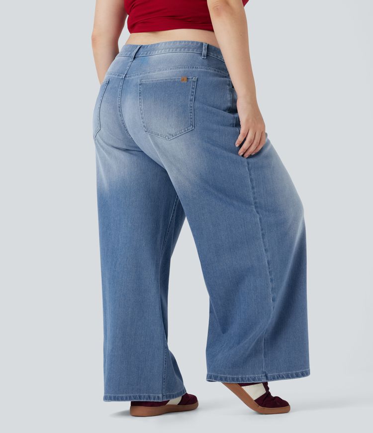 Plius dydžio Halara Flex™ žemi, plačių klešnių, išskalbti laisvalaikio džinsai su kišenėmis