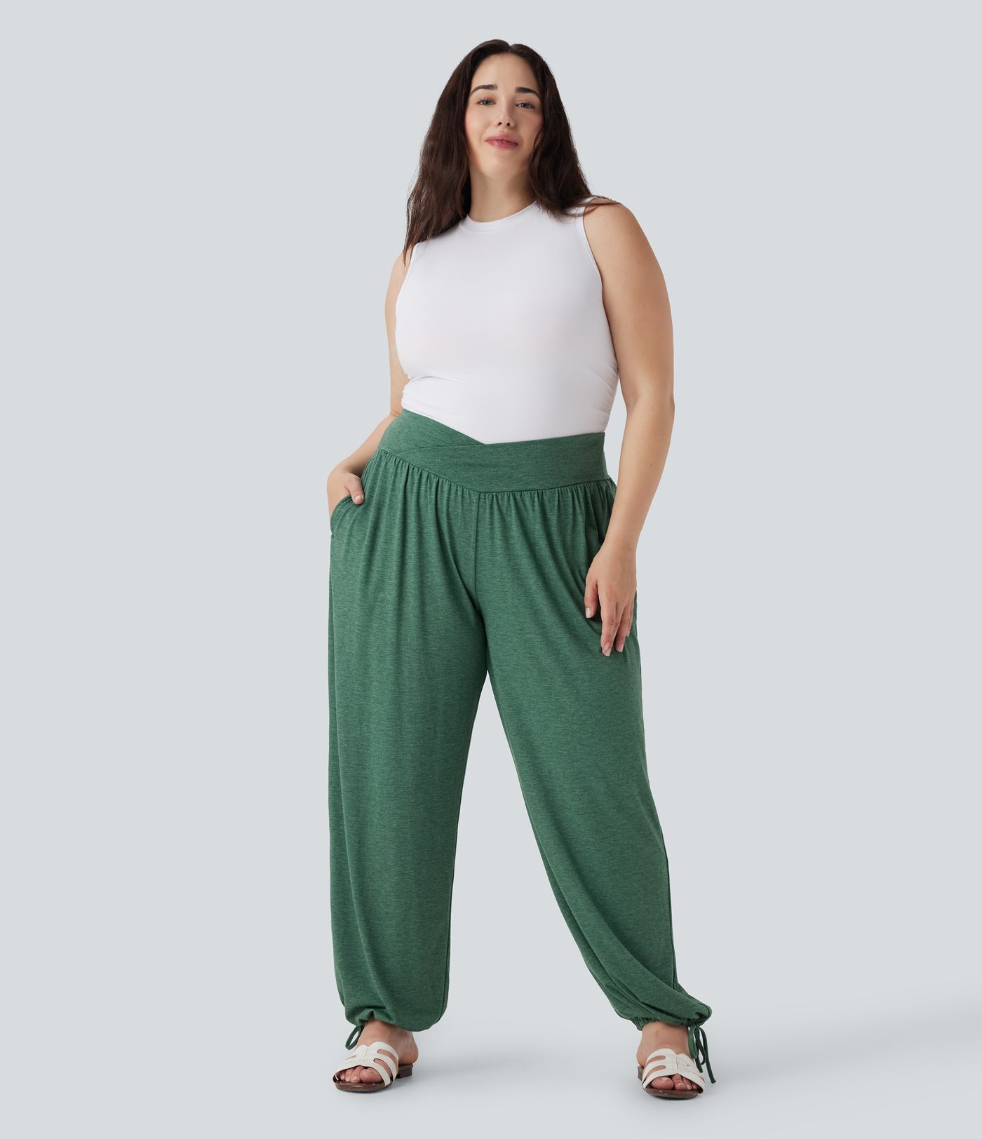 Joggers Décontractés à Taille Haute Croisée Grande Taille avec Poches et Cordon de Serrage