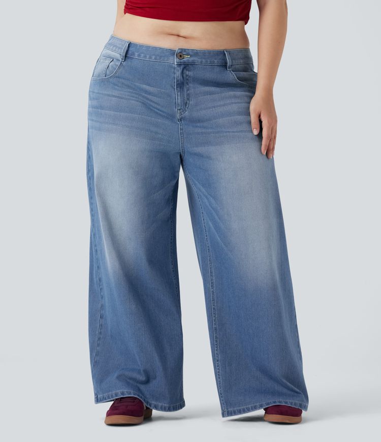 Plius dydžio Halara Flex™ žemi, plačių klešnių, išskalbti laisvalaikio džinsai su kišenėmis