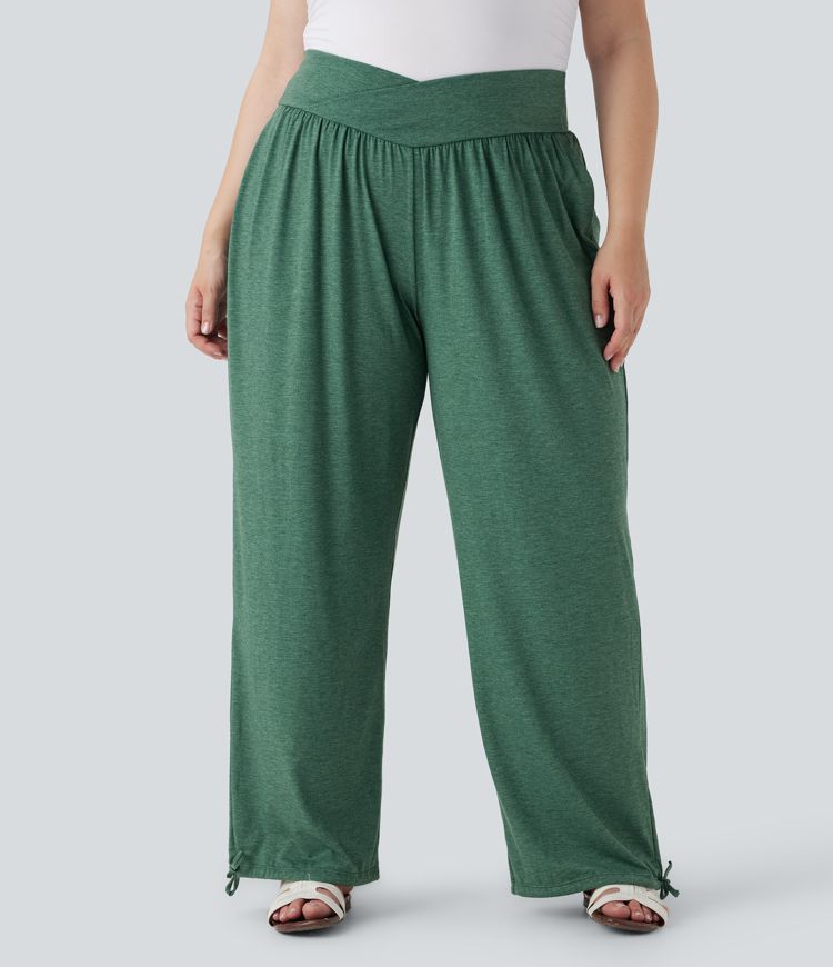 Plus Size Crossover High Waisted Drawstring Casual Joggers with Pockets