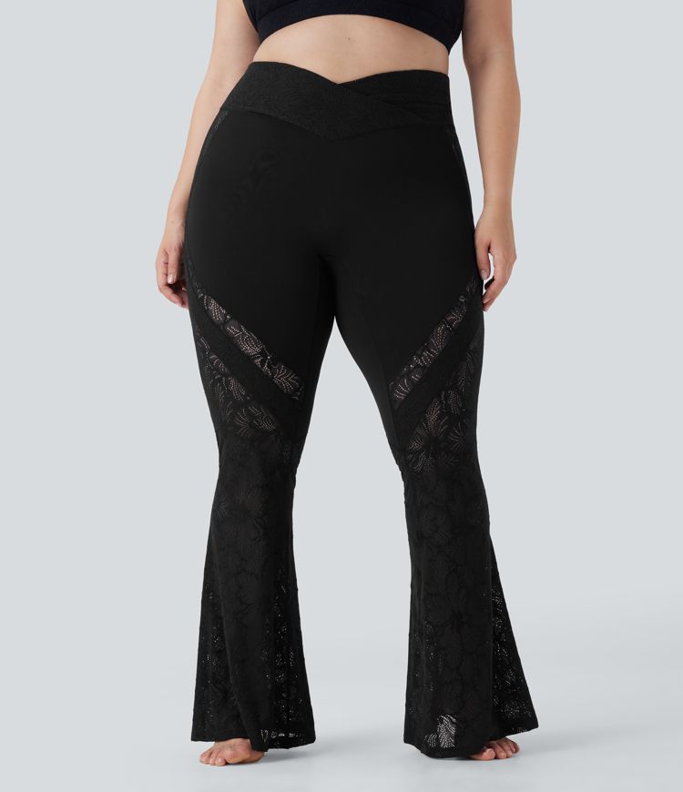 SoftlyZero™ Crossover High Waisted Contrast Lace Yoga Plus Size Flare Leggings with Pocket