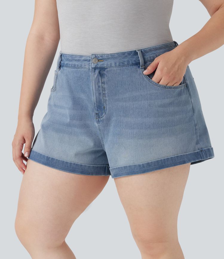 Halara Flex™ Mid Rise Zipper Pockets Denim Casual Plus Size Shorts 3''