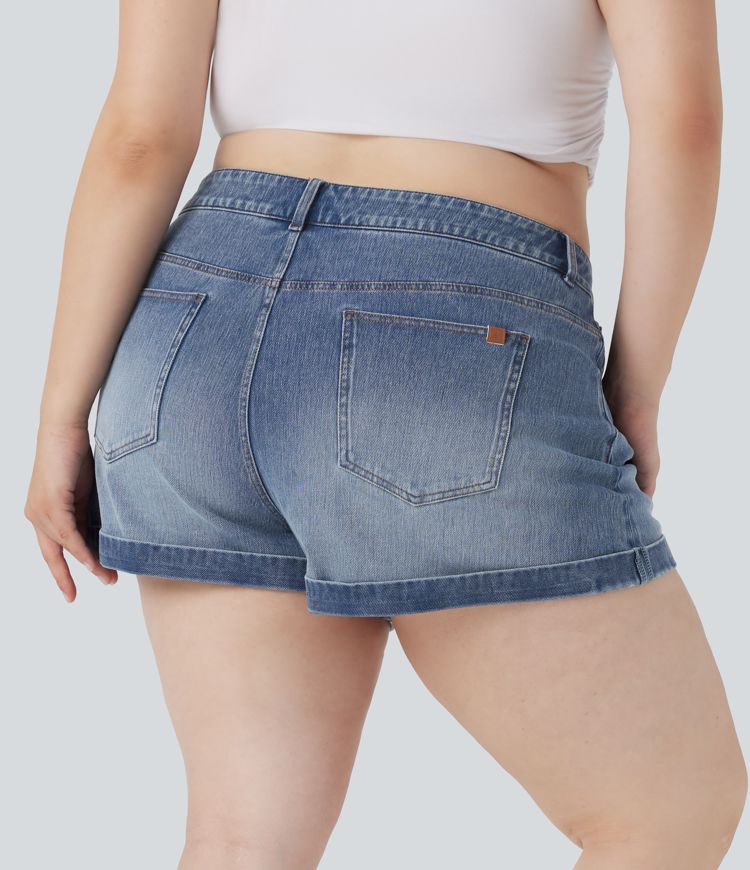 Halara Flex™ Mid Rise Zipper Pockets Denim Casual Plus Size Shorts 3''