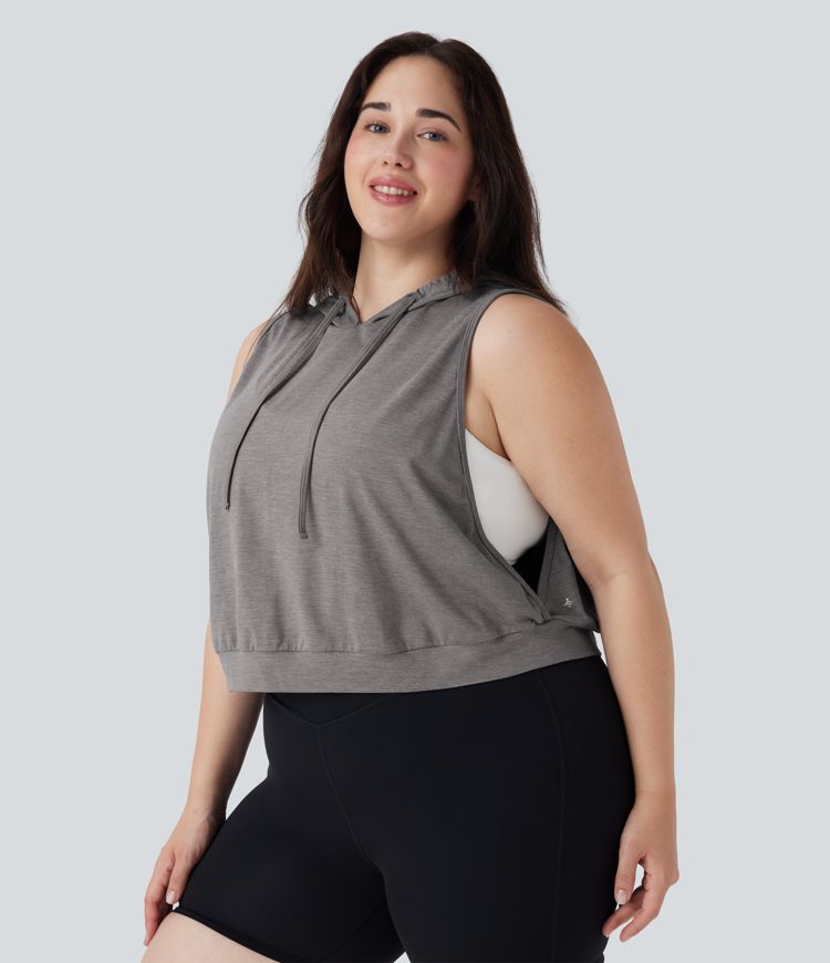Hooded Drawstring Sleeveless Cropped Running Plus Size Tank Vest Top