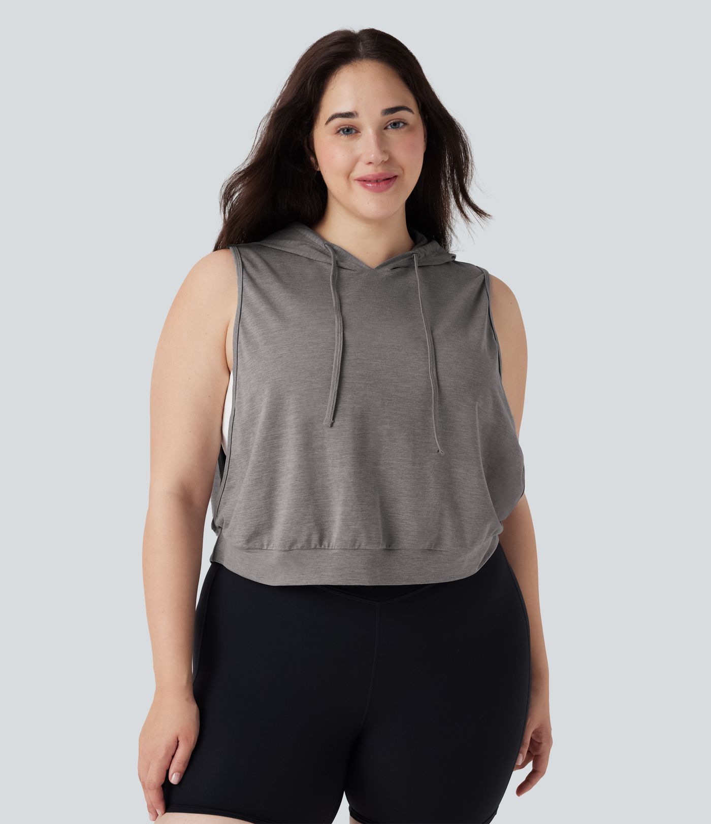 Hooded Drawstring Sleeveless Cropped Running Plus Size Tank Vest Top