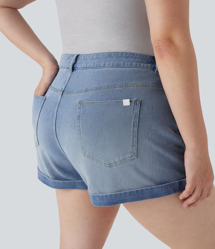 Halara Flex™ Mid Rise Zipper Pockets Denim Casual Plus Size Shorts 3''