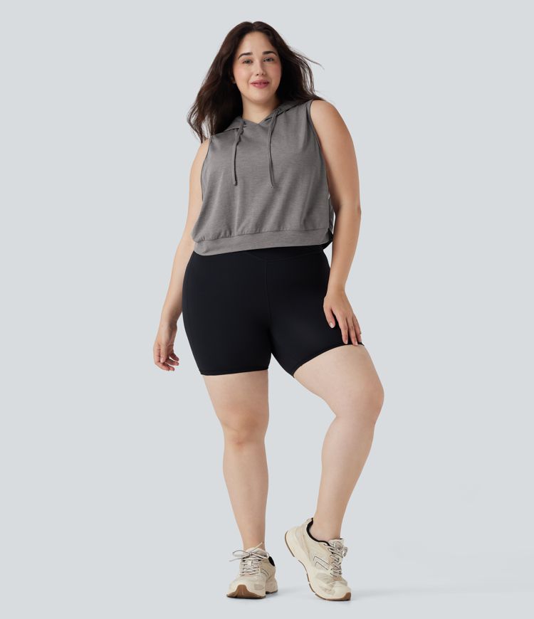 Hooded Drawstring Sleeveless Cropped Running Plus Size Tank Vest Top