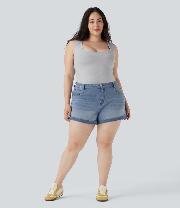 Halara Flex™ Mid Rise Zipper Pockets Denim Casual Plus Size Shorts 3''