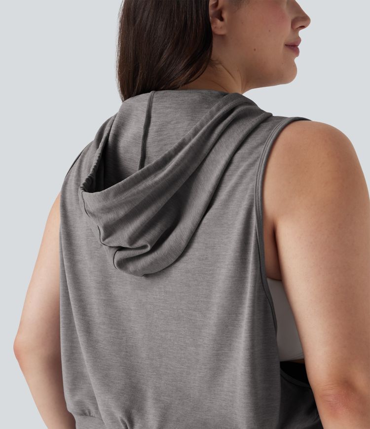 Hooded Drawstring Sleeveless Cropped Running Plus Size Tank Vest Top