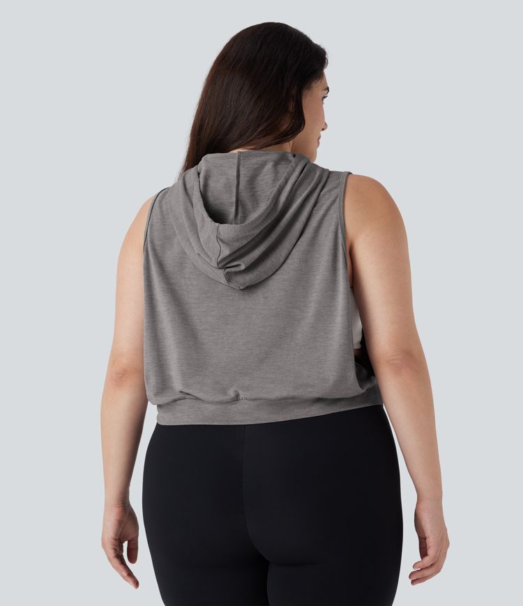 Hooded Drawstring Sleeveless Cropped Running Plus Size Tank Vest Top