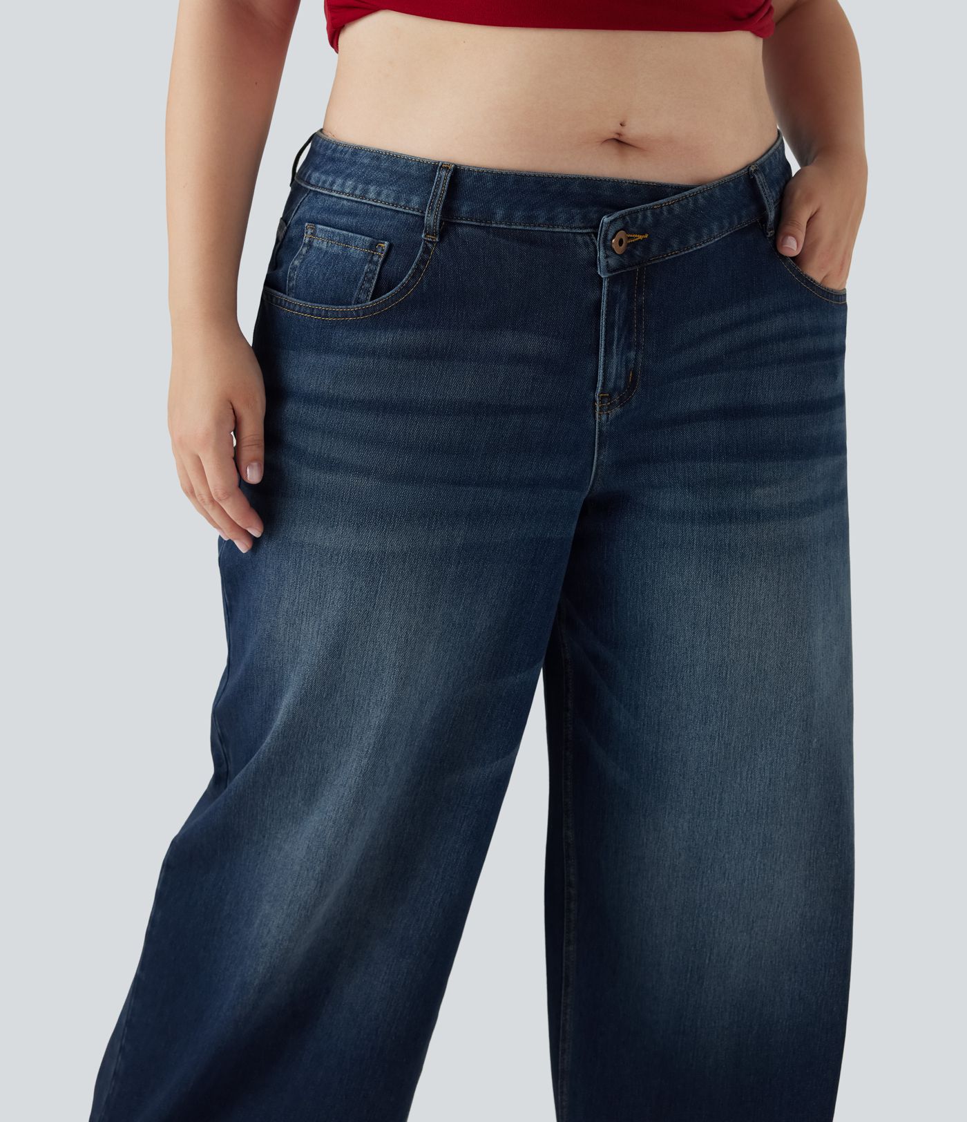 Jean décontracté grande taille Halara Flex™ asymétrique taille basse jambes larges effet délavé avec poches