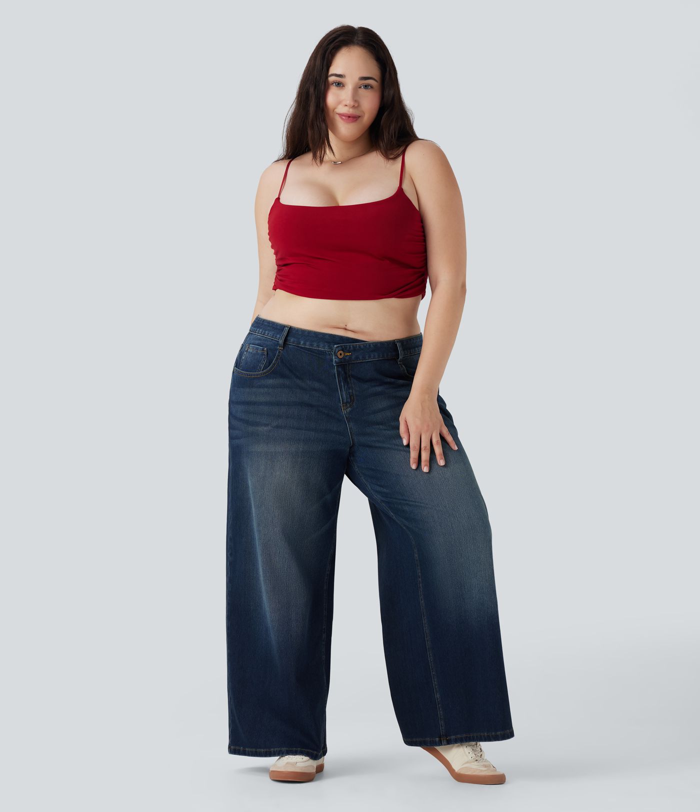 Jean décontracté grande taille Halara Flex™ asymétrique taille basse jambes larges effet délavé avec poches