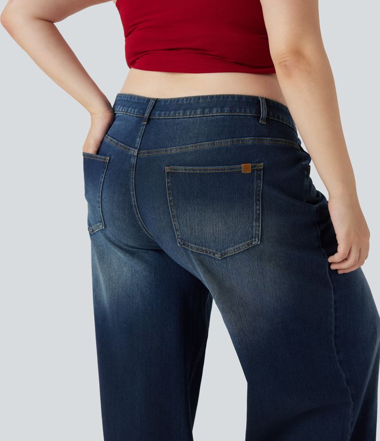 Plus Size Halara Flex™ Asymmetric Low Rise Wide Leg Washed Casual Jeans with Pockets