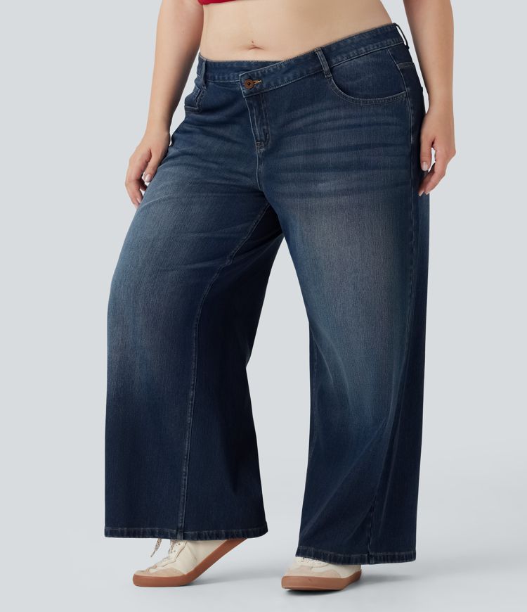 Plus Size Halara Flex™ Asymmetric Low Rise Wide Leg Washed Casual Jeans with Pockets