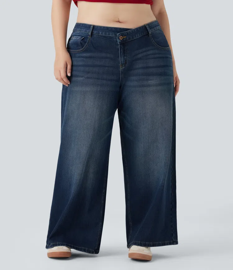 Halara Flexβ’ - LΓ€ssige, verwaschene, asymmetrische Jeans mit niedrigem Bund, Seitentaschen und weitem Bein - Plus-Size