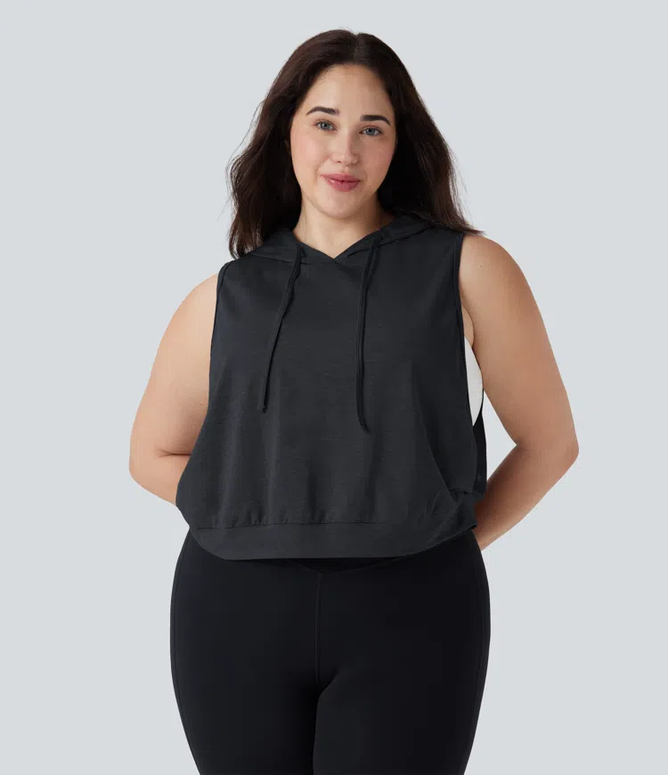 Hooded Drawstring Sleeveless Cropped Running Plus Size Tank Top