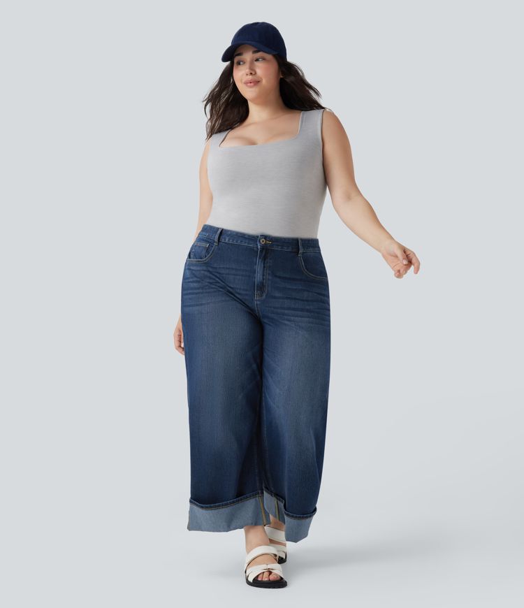 Plus Size Halara Flex™ High Waisted Wide Leg Rolled Hem Washed Stretchy Knit Casual Jeans with Pockets