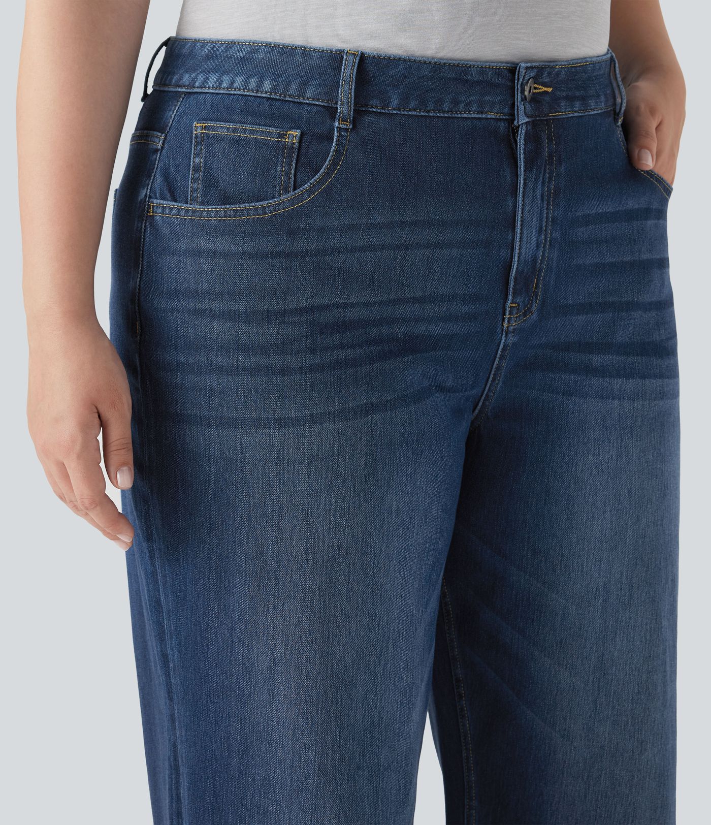 Plus Size Halara Flex™ High Waisted Wide Leg Rolled Hem Washed Stretchy Knit Casual Jeans with Pockets