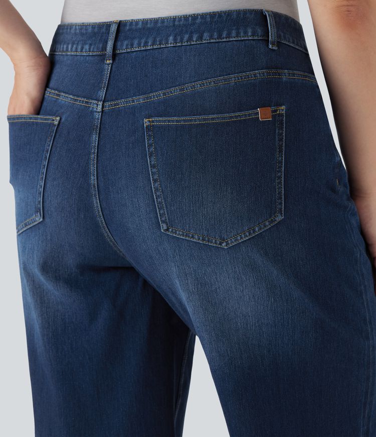 Plus Size Halara Flex™ High Waisted Wide Leg Rolled Hem Washed Stretchy Knit Casual Jeans with Pockets