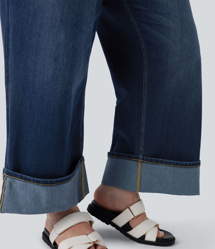 Plus Size Halara Flex™ High Waisted Wide Leg Rolled Hem Washed Stretchy Knit Casual Jeans with Pockets