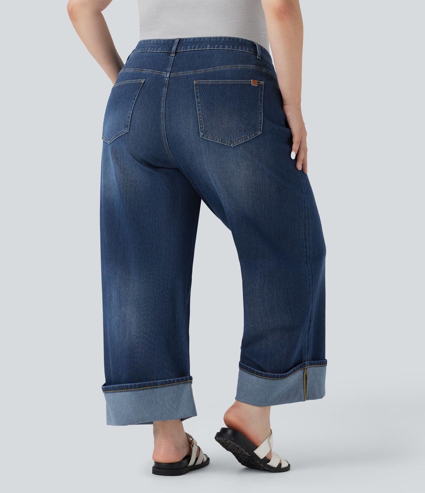 Plus Size Halara Flex™ High Waisted Wide Leg Rolled Hem Washed Stretchy Knit Casual Jeans with Pockets