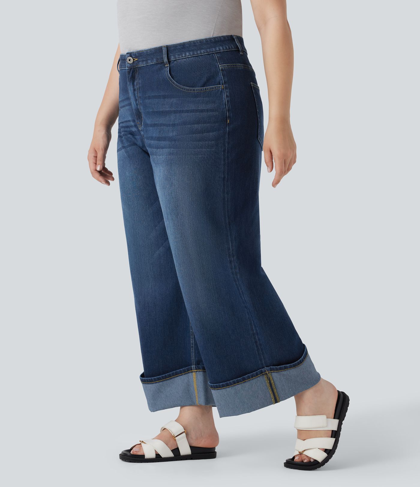 Plus Size Halara Flex™ High Waisted Wide Leg Rolled Hem Washed Stretchy Knit Casual Jeans with Pockets