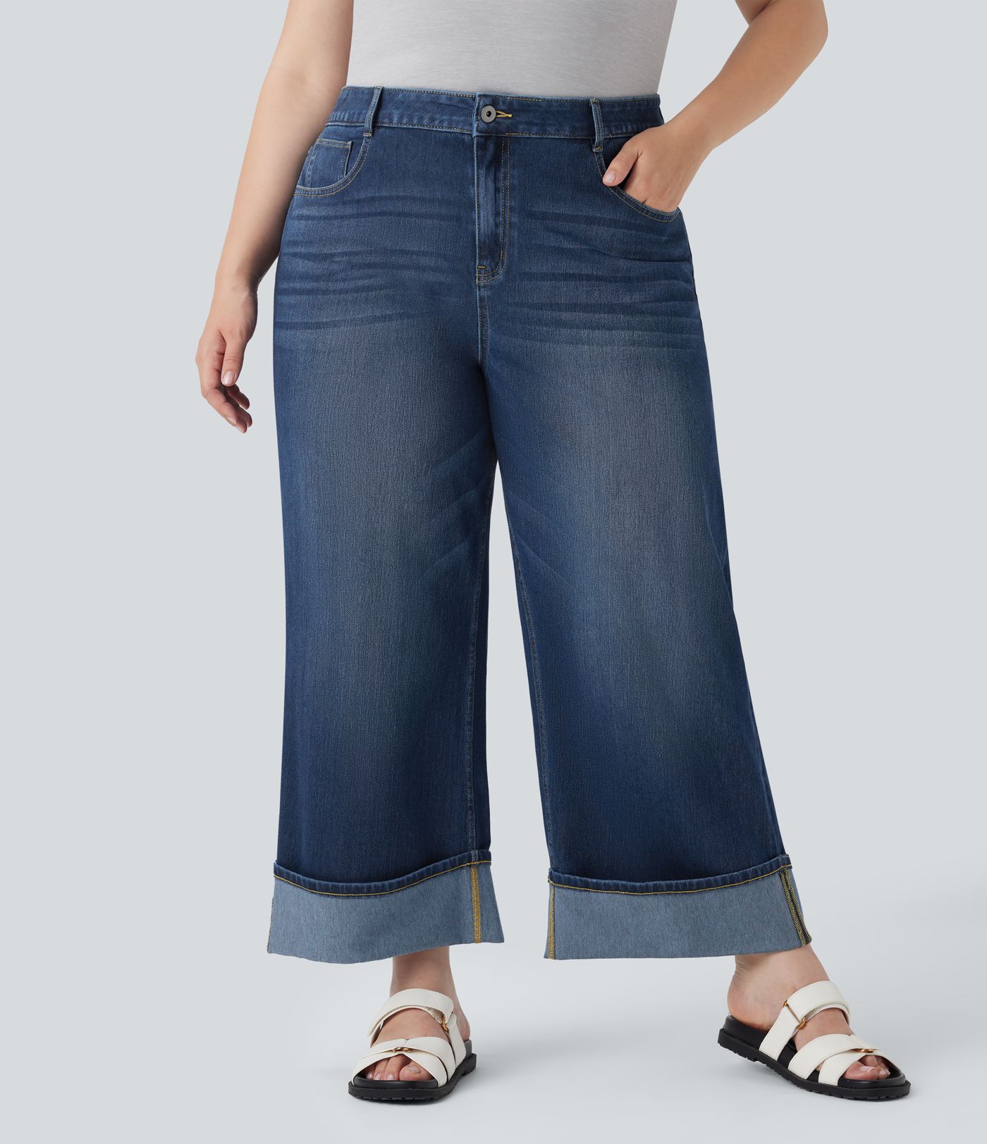 Plus Size Halara Flex™ High Waisted Wide Leg Rolled Hem Washed Stretchy Knit Casual Jeans with Pockets