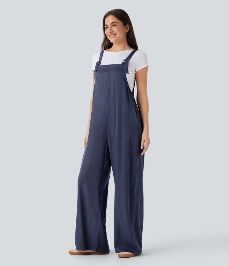 Denim Like Casual Overalls with Pockets-Front and Back Wearable