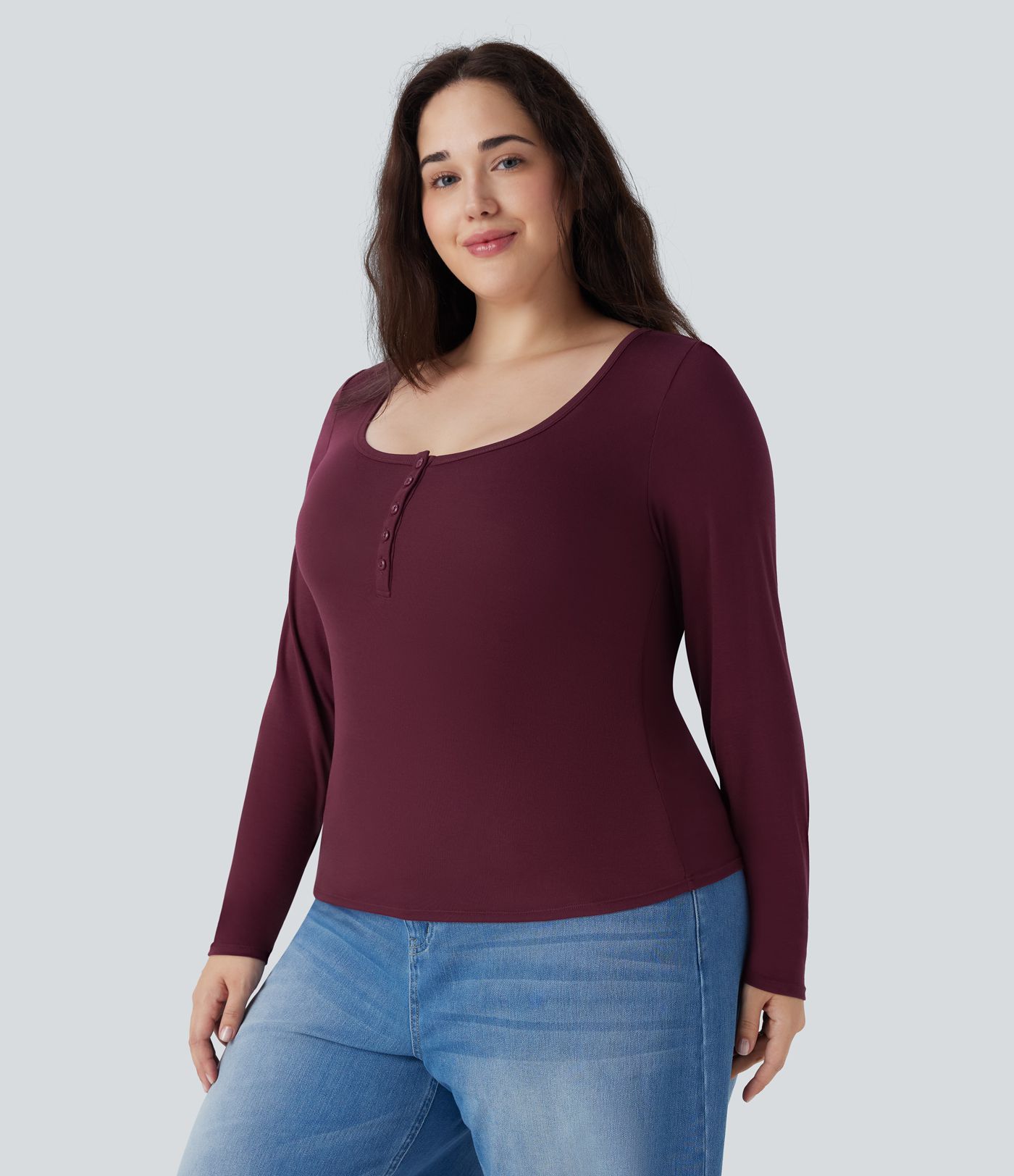 Plus Size Ribbed Henley Neck Long Sleeve Casual Top